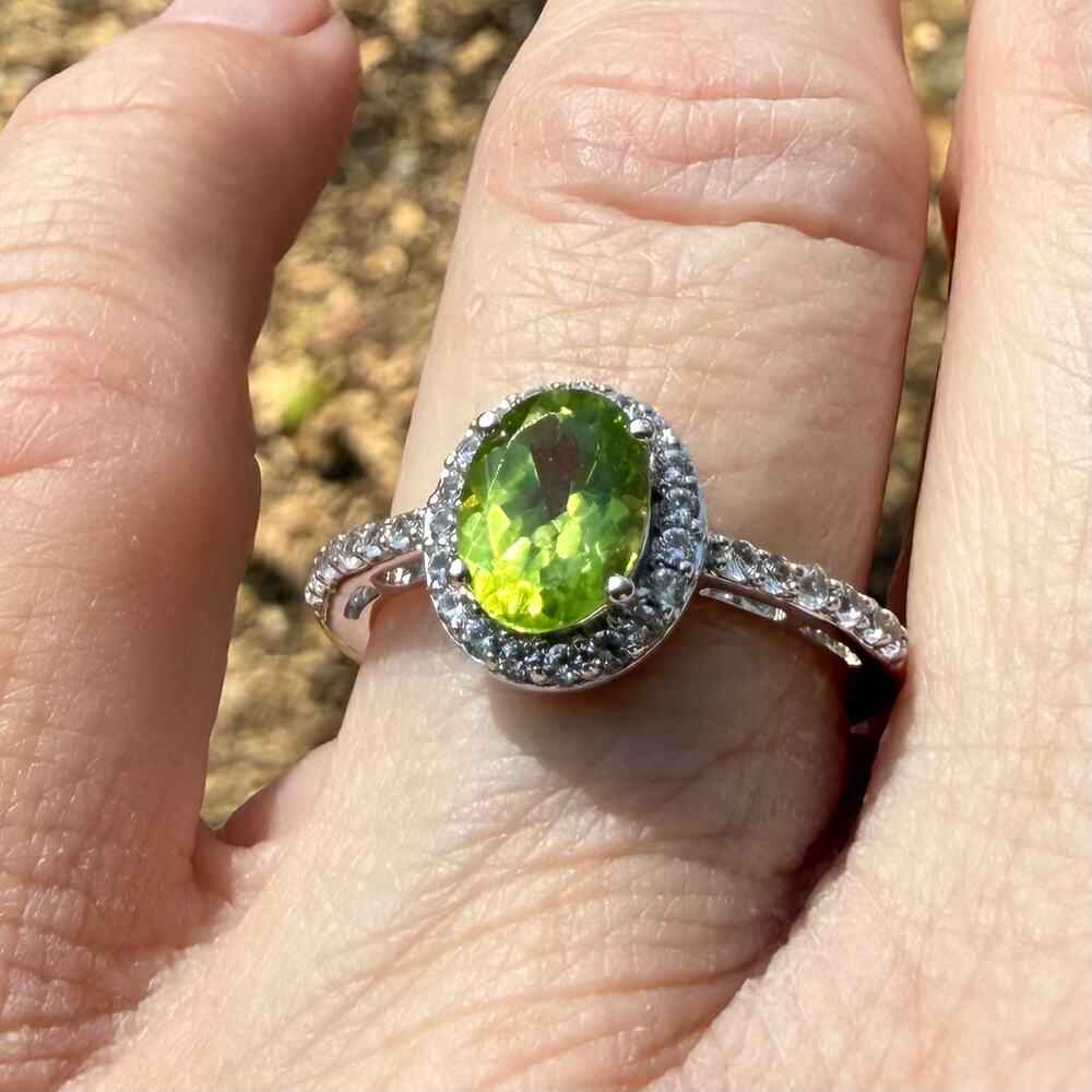 Natural Green Peridot Created Sapphire Halo Ring 925 Sterling Silver Size 6.75